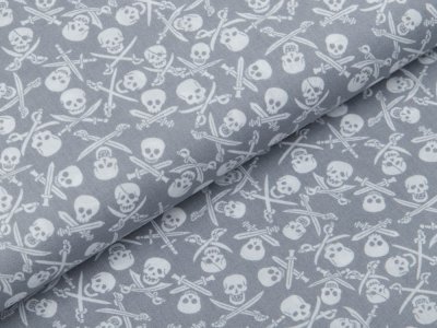 Webware Baumwolle Popeline - Totenköpfe und Säbel - grau