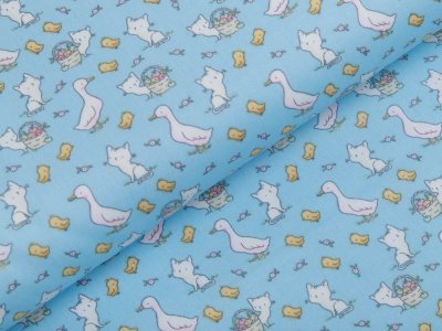 Webware Baumwolle Popeline - Gänse und Katzen - helles blau
