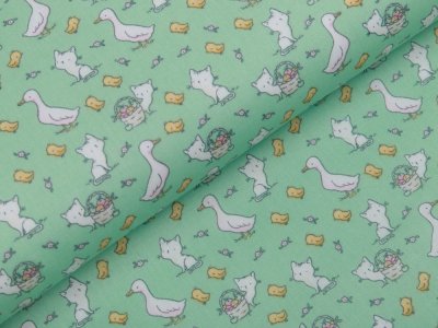 Webware Baumwolle Popeline - Gänse und Katzen - mint