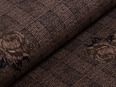 Elastischer Jacquard-Jeansstoff - Karomuster mit Rosen - braun