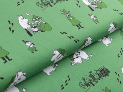 Jersey Digitaldruck Moomin - Moomins auf Spurensuche - grasgrün