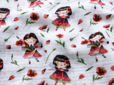 Musselin Baumwolle Double Gauze Swafing Thea - kleine Feen und Mohnblumen - weiß
