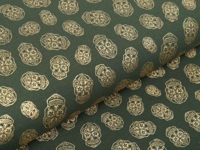 Jersey mit Foliendruck - goldene geblümte Skulls - olivgrün
