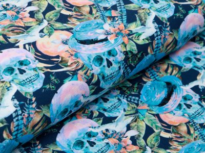Jersey Digitaldruck - Skulls und Schmetterlinge - nachtblau