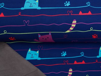 Jackenstoff NANO Softshell Swafing Fiete - süße Katzen und Herzlinien - blau