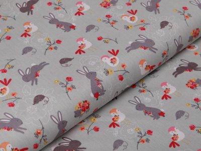Webware Baumwolle Popeline - Hasen und Blumen - mint