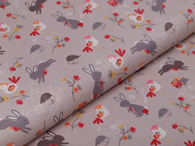 Webware Baumwolle Popeline - Hasen und Blumen - beige