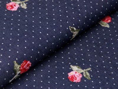 Leichter Jeansstoff mit Stickerei - Rosen auf Punkte - dunkles jeansblau