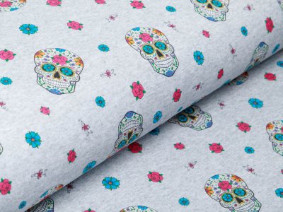 Sweat French Terry Digitaldruck - geblümte Skulls - meliert grau