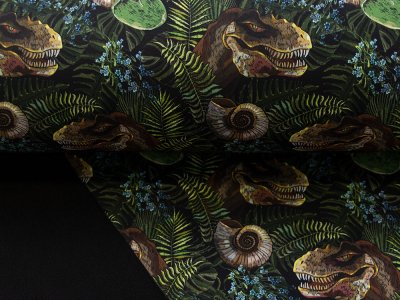 Softshell Jackenstoff Digitaldruck - Dinos unter Palmen - schwarz