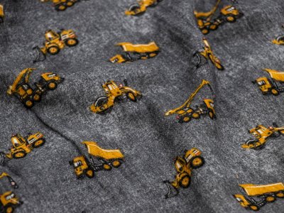Musselin Baumwolle Double Gauze Jeansoptik - verschiedene Baufahrzeuge - grau