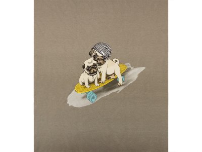 Sweat French Terry Eigenproduktion KDS - Pippin the Pug mit Skateboard PANEL ca. 55cm x 50cm - braun