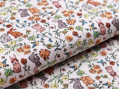 Webware Popeline Baumwolle Digitaldruck - kleine Hasen und Blumen - weiß/braun