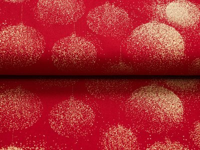 Webware Baumwolle Popeline mit Foliendruck - vergoldete Weihnachtskugeln - rot