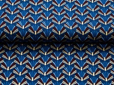 Webware Baumwolle Popeline mit Foliendruck - bunte Weihnachtsfächer - marineblau