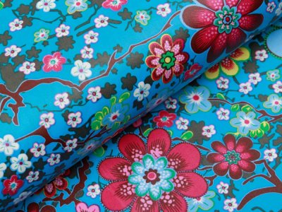 Beschichtete Webware Baumwolle ILJA - Retro Blumen - petrol