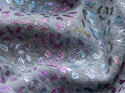 Alpenfleece Melange Animal Drops mit Foliendruck - Hologramm Animalprint - meliert grau