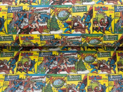 Webware Baumwolle Popeline Digitaldruck Justice League - Superhelden feiern X-mas im Comicstyle - gelb