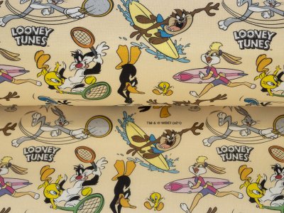 Webware Baumwolle Popeline Digitaldruck Looney Tunes - Bugs Bunny und Freunde beim Sport - pfirsich