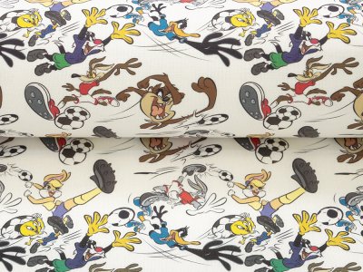 Webware Baumwolle Popeline Digitaldruck Looney Tunes - Bugs Bunny und Freunde spielen Fußball - weiß