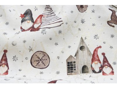 Gewebter Jacquard Dekostoff mit Glitzer Weihnachten in Leinenoptik - fleißige Wichtel - ecru
