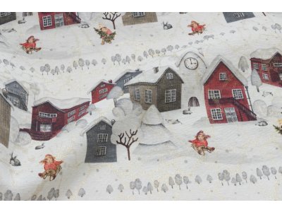 Gewebter Jacquard Dekostoff mit Glitzer Weihnachten in Leinenoptik - verschneite Winterlandschaft - ecru