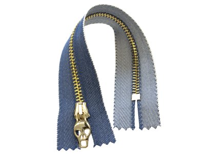 Reißverschluss Totenkopf Schieber ca. 15 cm - jeansblau / goldfarben