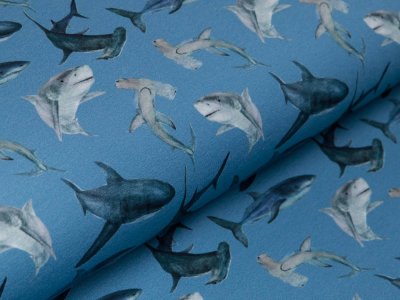 Sweat French Terry Digitaldruck - Sharks - jeansblau