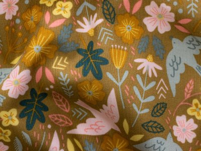 Babycord/Feincord Flowers by Poppy - Schwalben und Blumen - camel