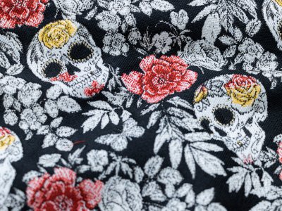 Jacquard Gobelin Dekostoff mit Glitzer in Leinenoptik - geblühmte Totenköpfe - schwarz