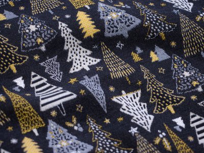 Jacquard Gobelin Dekostoff mit Glitzer in Leinenoptik - Weihnachtsbäume - anthrazit 