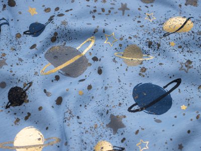 Alpenfleece mit Foliendruck Happy Fleece Space - Planeten und Sternenhimmel - indigoblau