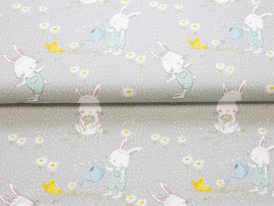 Jersey Swafing Moppi Rabbit by Christiane Zielinski - süßes Häschen Moppi im Garten - grau 
