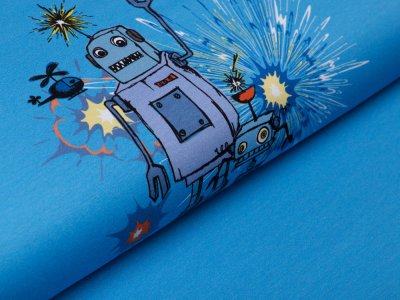 Jersey Swafing PANEL ca. 65 cm x 160 cm Happy Metal by Steinbeck - Roboter und Explosion - jeansblau