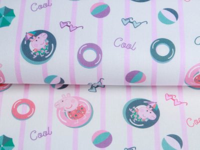 Webware Baumwolle Popeline Digitaldruck Peppa Pig -  Peppa im Schwimmbad - weiß