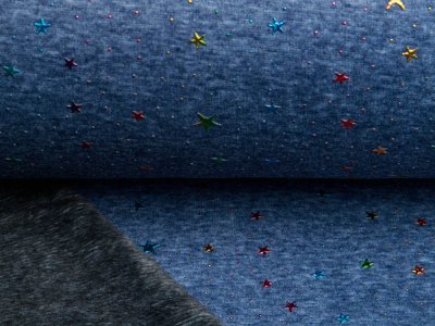 Alpenfleece Melange Star Drops mit Foliendruck - Hologramm Sterne - meliert jeansblau