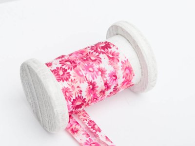 Schrägband Baumwolle 3m Stück, gefalzt 20mm  breit, Blumen rosa-pink