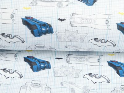Webware Baumwolle Popeline Digitaldruck Batman - Batmobile auf Karos - weiß