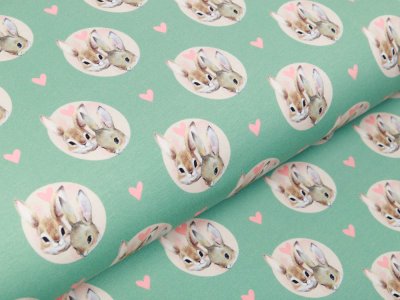 Jersey Digitaldruck Stenzo - Rabbits in Love - süße Häschen-Gesichter und Herzen - mint