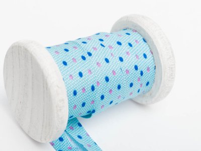 Schrägband Baumwolle 3m Stück, gefalzt 20mm  breit, Punkte türkisblau
