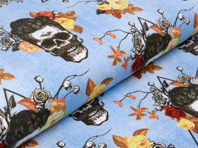 Jersey Digitaldruck in Jeansoptik - Skulls und Rosen - blau