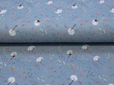 Jersey Waffel Digitaldruck - Baumwollblüte - blau