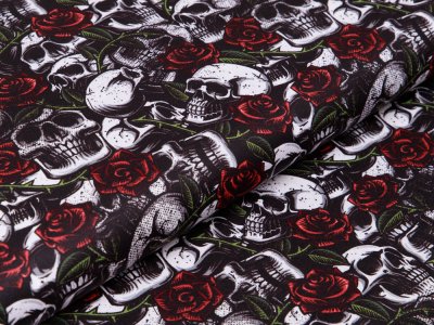 Webware Baumwolle Popeline - Skulls und Rosen - schwarz