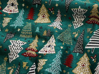 Jacquard Gobelin Dekostoff mit Glitzer in Leinenoptik - gemusterte Weihnachtsbäume - petrolgrün