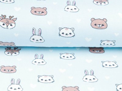 Jersey - putzige Tiergesichter und Herzen - pastellblau