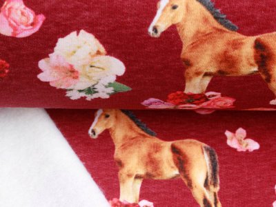 Alpenfleece Digitaldruck Meliert - hübsche Pferde und Blumen - meliert bordeaux