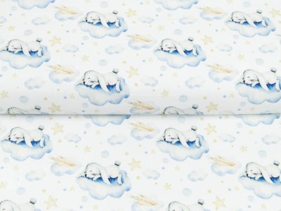 Webware Baumwolle Popeline Digitaldruck Mix Cloudy Snoozy - träumende Hasen auf Wolken - weiß