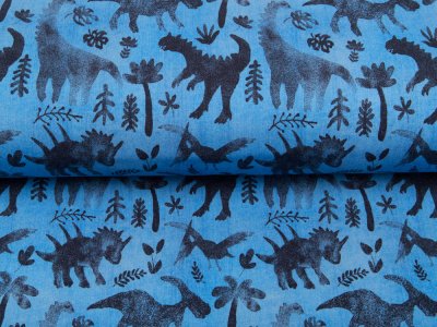 Leicht angerauter Sweat in Jeansoptik Digitaldruck Dinosaurs - Dinos und Blätter - jeansblau