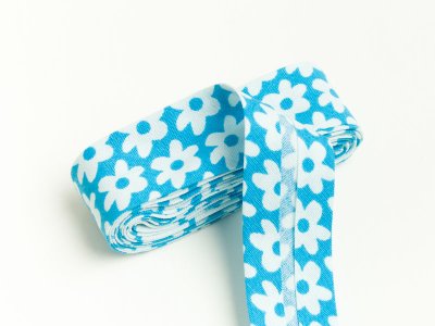 Baumwoll Schrägband gefalzt 20 mm x 2 m Blüten blau