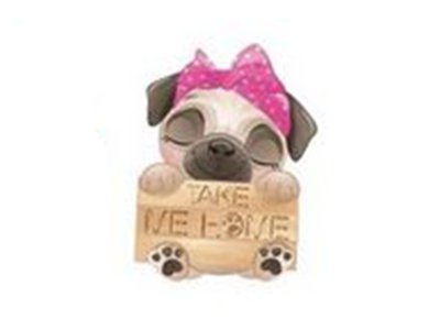 Transfer-Applikation zum Aufbügeln ca. 5,5 cm  x 7,5 cm - Mopsdame mit Holzschild